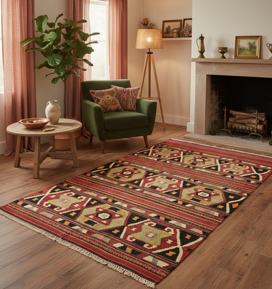 Tapis de salon en laine Kozak aux motifs ethniques géométriques rouge, noir et vert (258 x 168 cm) mis en situation dans un salon chaleureux avec fauteuil vert sapin, cheminée et parquet en bois clair
