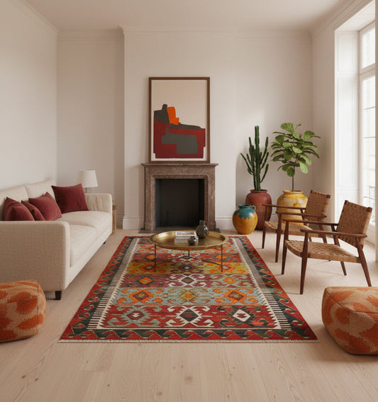 Tapis de salon en laine aux motifs géométriques colorés (285 x 152 cm) mis en situation devant une cheminée avec canapé blanc et fauteuils en bois