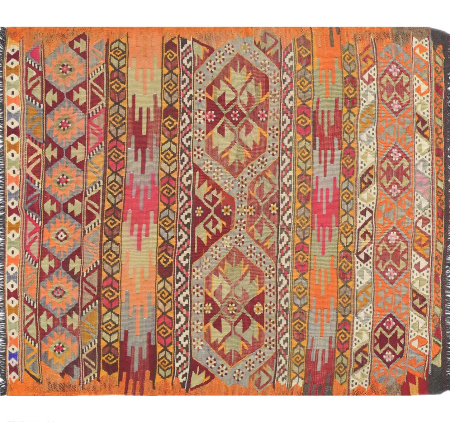 Vue horizontale du kilim Menemenci 110 x 95 cm – Tapis turc en laine de provenance Menemenci