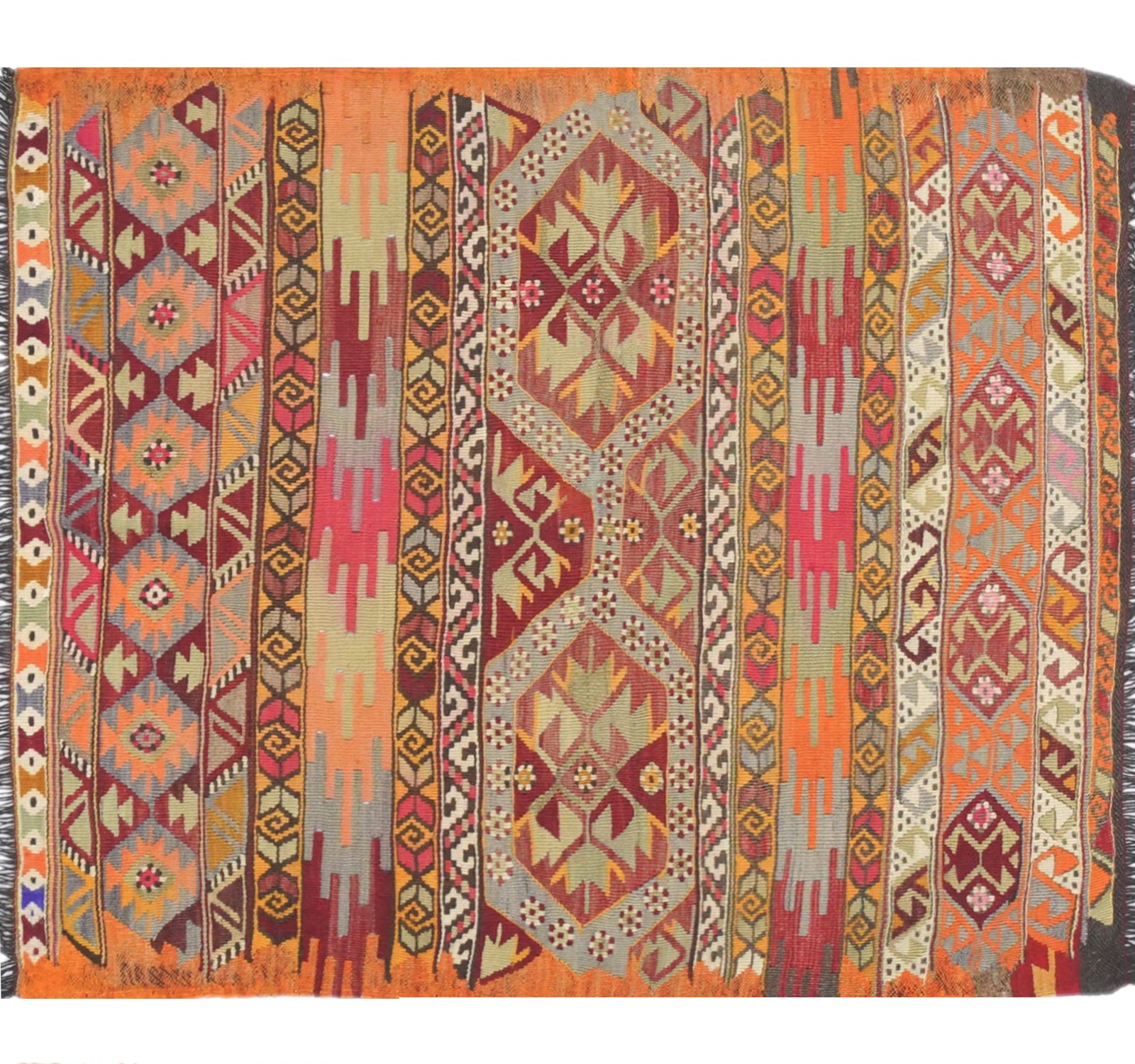 Vue horizontale du kilim Menemenci 110 x 95 cm – Tapis turc en laine de provenance Menemenci