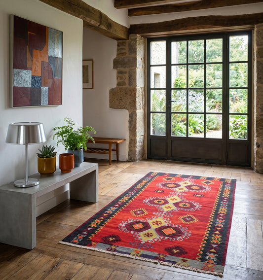 Petit tapis kilim ancien Emirdag (180 x 92 cm) aux bandes horizontales multicolores et motifs géométriques noirs, idéal pour habiller un sol avec élégance à Lille. Un authentique tissage d'Anatolie de 65 ans d'âge mêlant laine et coton pour une décoration d'intérieur chic.