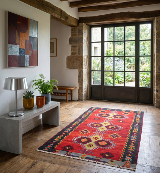 Petit tapis kilim ancien Emirdag (180 x 92 cm) aux bandes horizontales multicolores et motifs géométriques noirs, idéal pour habiller un sol avec élégance à Lille. Un authentique tissage d'Anatolie de 65 ans d'âge mêlant laine et coton pour une décoration d'intérieur chic.