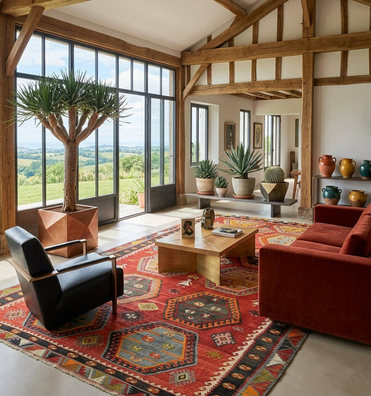 Grand Kilim d'Anatolie aux motifs hexagonaux rouges et bleus, ancrant un salon de luxe baigné de lumière sous une verrière, avec charpente apparente et mobilier contemporain élégant.
