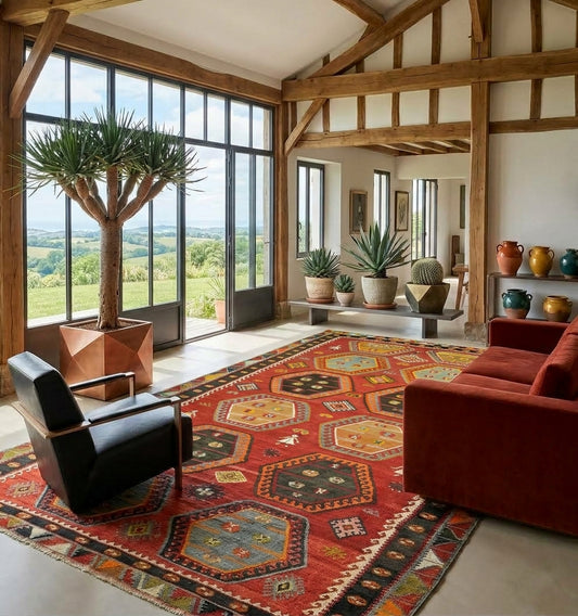 Grand Kilim d'Anatolie aux motifs hexagonaux rouges et bleus, ancrant un salon de luxe baigné de lumière sous une verrière, avec charpente apparente et mobilier contemporain élégant.