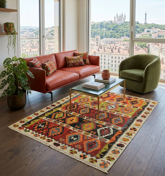 Grand tapis kilim d'Anatolie aux motifs géométriques et couleurs vibrantes, associé à un canapé en cuir terre cuite et un fauteuil en velours vert, offrant une vue imprenable sur la basilique de Fourvière à Lyon.