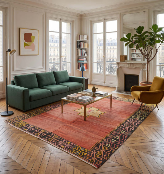 Salon à Paris 16ème, grand tapis kilim ancien d'Anatolie aux teintes terre de Sienne, contrastant avec un canapé vert et un fauteuil jaune dans un salon luxueux.