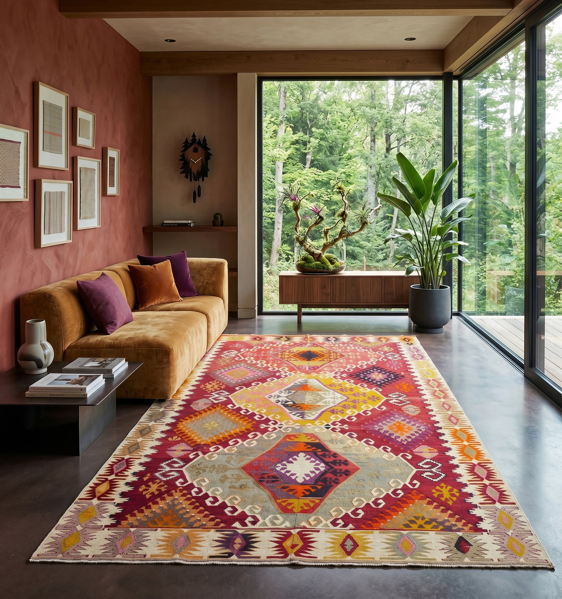 Grand tapis kilim ancien d'Anatolie aux motifs géométriques vibrants, rehaussant un salon contemporain au cœur de la Forêt-Noire en Allemagne. Le contraste parfait entre le tissage artisanal traditionnel et une villa moderne ouverte sur la nature.