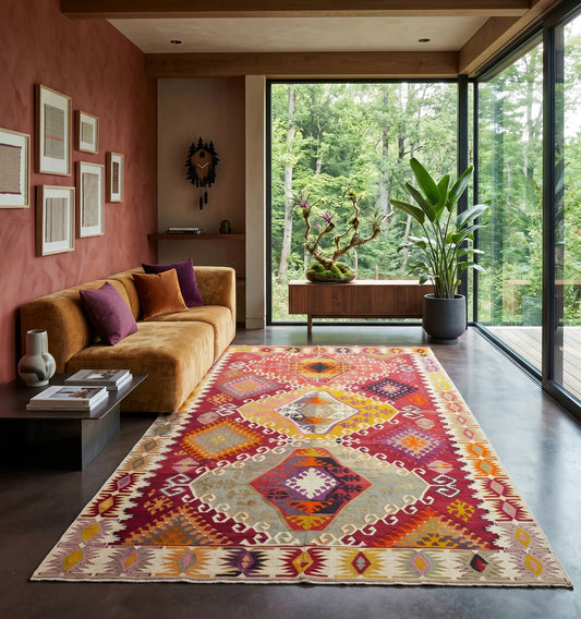 Grand tapis kilim ancien d'Anatolie aux motifs géométriques vibrants, rehaussant un salon contemporain au cœur de la Forêt-Noire en Allemagne. Le contraste parfait entre le tissage artisanal traditionnel et une villa moderne ouverte sur la nature.