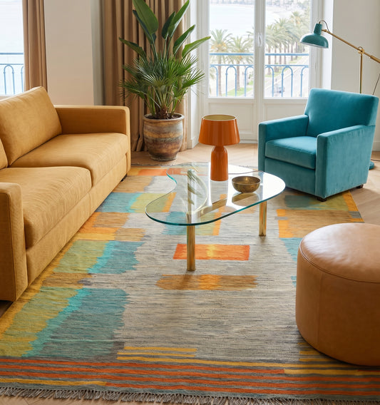 Grand tapis kilim ancien d'Anatolie aux nuances de gris et motifs contemporains ocre et turquoise, habillant un salon chic à Nice. Ce tissage artisanal unique s'harmonise parfaitement avec une table basse design en verre, un canapé moutarde et un fauteuil bleu face à la Promenade des Anglais.