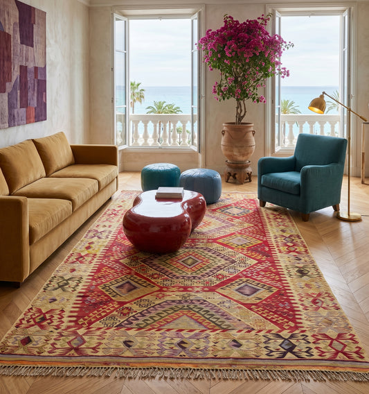 Grand tapis kilim ancien d'Anatolie aux motifs géométriques complexes et teintes chaudes, structurant un vaste salon chic face à la mer à Nice. Ce tissage artisanal d'exception crée un contraste saisissant avec un canapé ocre, un fauteuil bleu canard et une table design laquée rouge.
