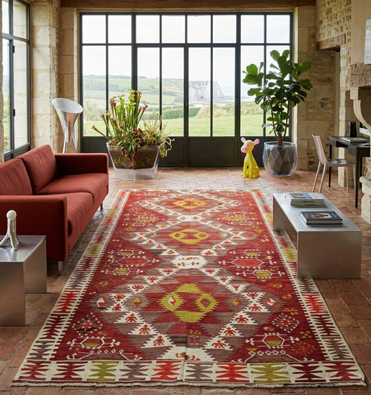 Grand tapis kilim turc ancien tissé main (335 x 170 cm) aux motifs géométriques complexes dans des tons de rouge, vert et beige, mis en situation dans un vaste salon moderne, avec un canapé d'angle rouge, une table basse vintage et de grandes baies vitrées donnant sur les falaises d'Étretat.