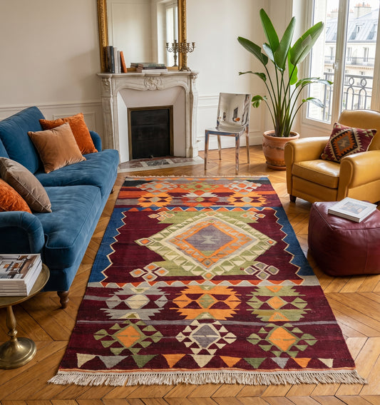 Grand tapis kilim ancien d'Anatolie aux motifs géométriques et losanges multicolores, réveillant un salon de style haussmannien à Toulouse. L'authenticité du tissage artisanal contraste élégamment avec un canapé en velours bleu, un fauteuil en cuir jaune et une cheminée en marbre.