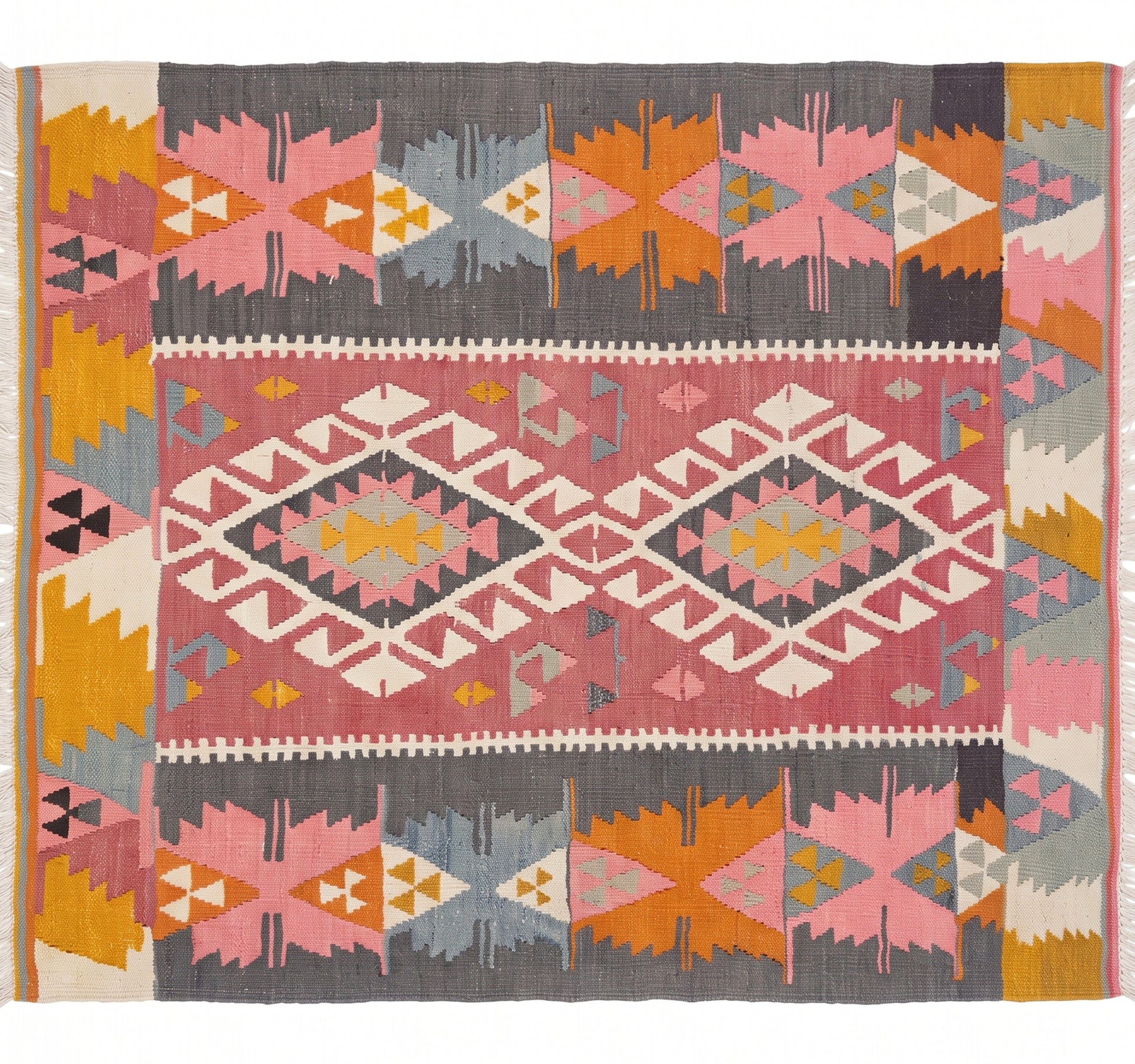 Vue horizontale du kilim Adana 126 x 108 cm – Tapis turc en laine de provenance Adana