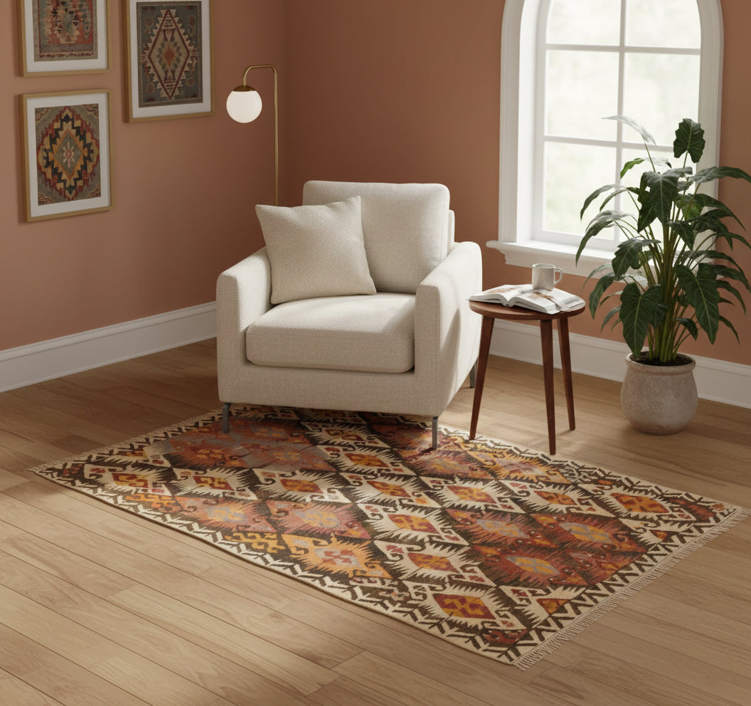 Kilim Adana 188 x 123 cm en situation dans un intérieur moderne – Décoration provenance Adana