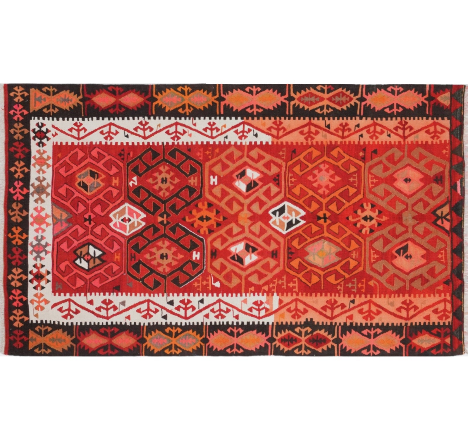 Tapis kilim ancien Adana 195×118 cm, vue d'ensemble – Laine naturelle, environ 65 ans, Anatolie du Sud-Est