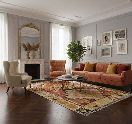 Kilim Adana 200 x 138 cm en situation dans un intérieur moderne – Décoration provenance Adana