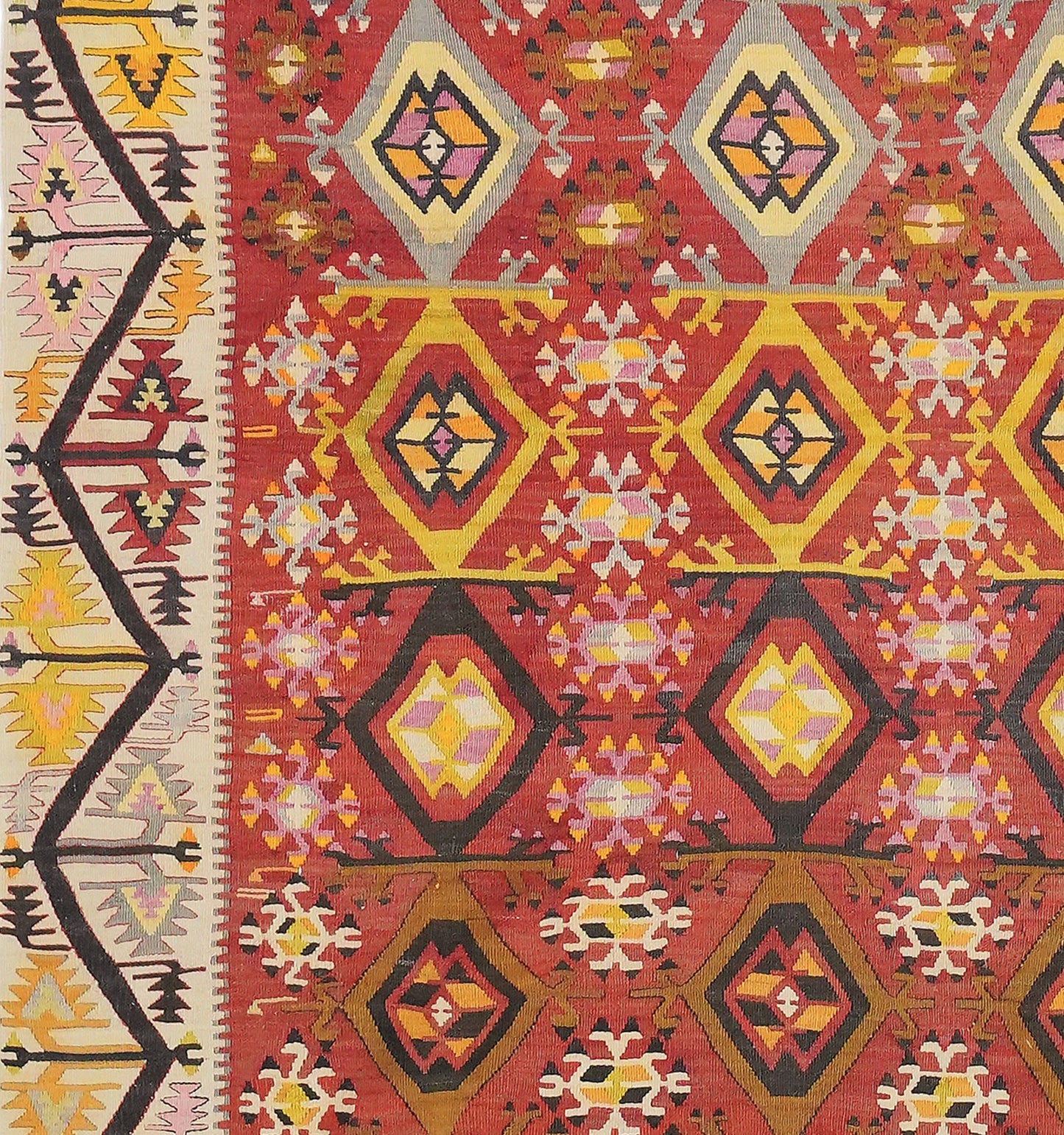 Détail du tissage – Tapis kilim ancien Adana 205×185 cm, laine naturelle tissée main