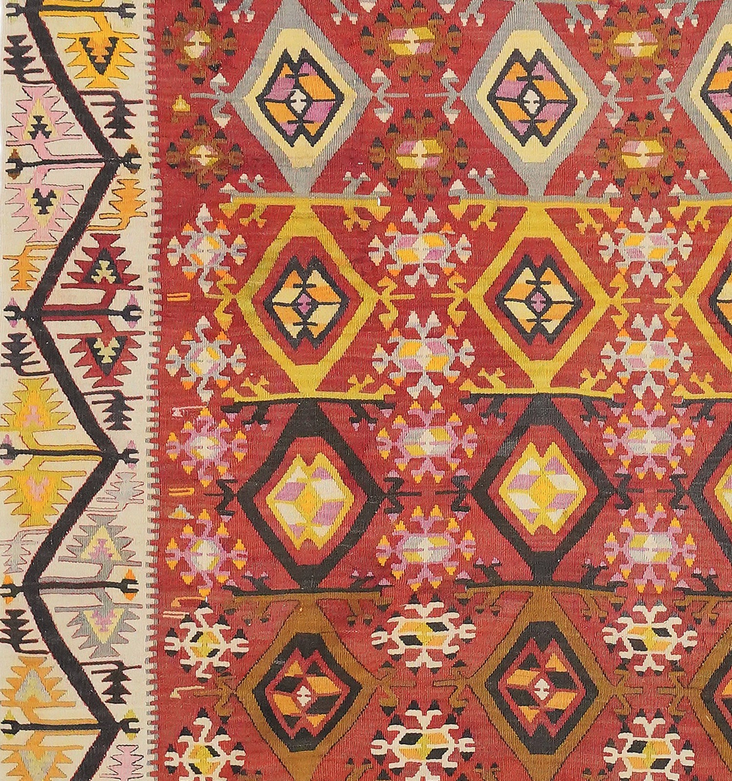 Détail du tissage – Tapis kilim ancien Adana 205×185 cm, laine naturelle tissée main