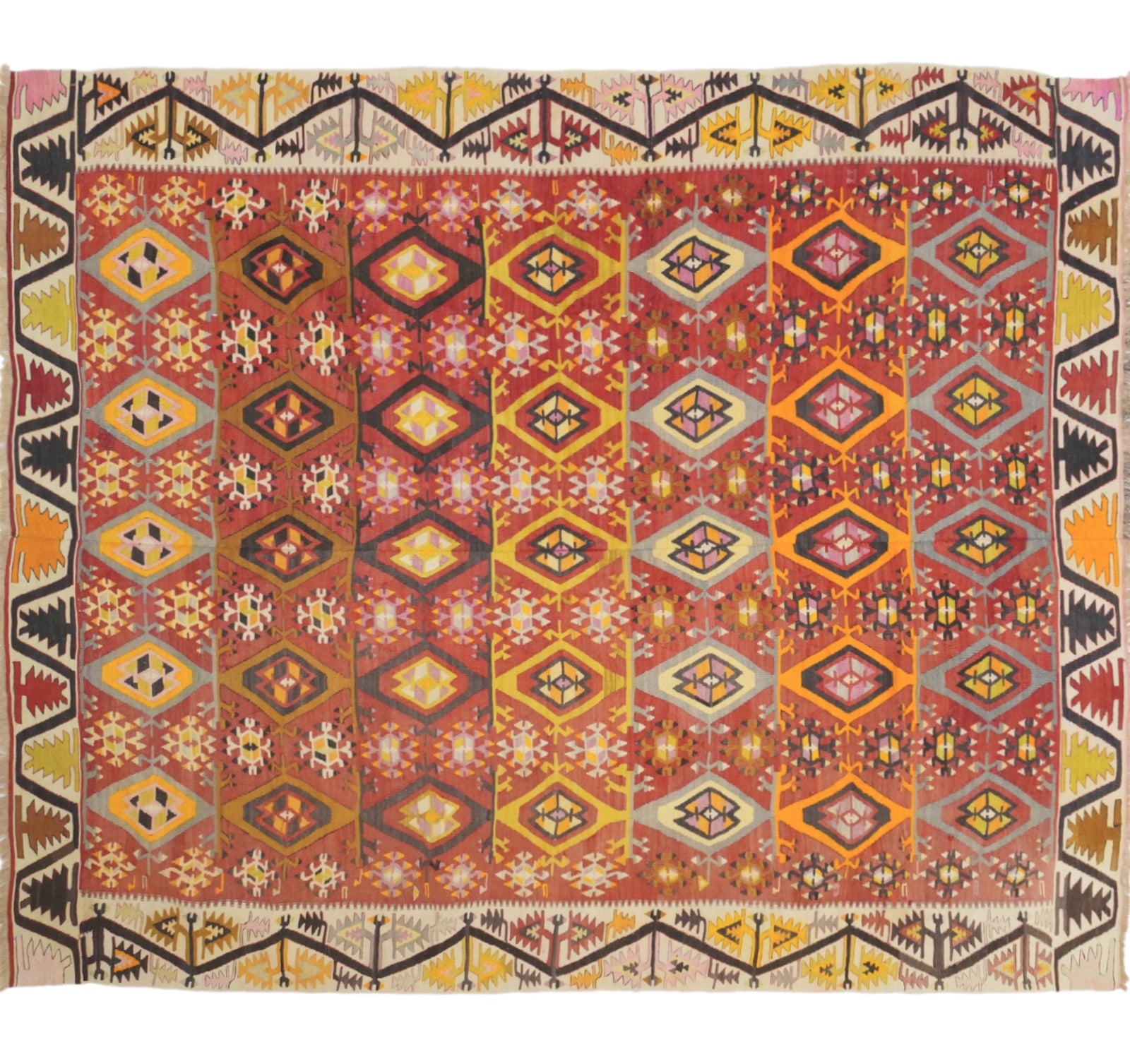 Tapis kilim ancien Adana 205×185 cm, vue d'ensemble – Laine naturelle, environ 75 ans, Anatolie du Sud-Est