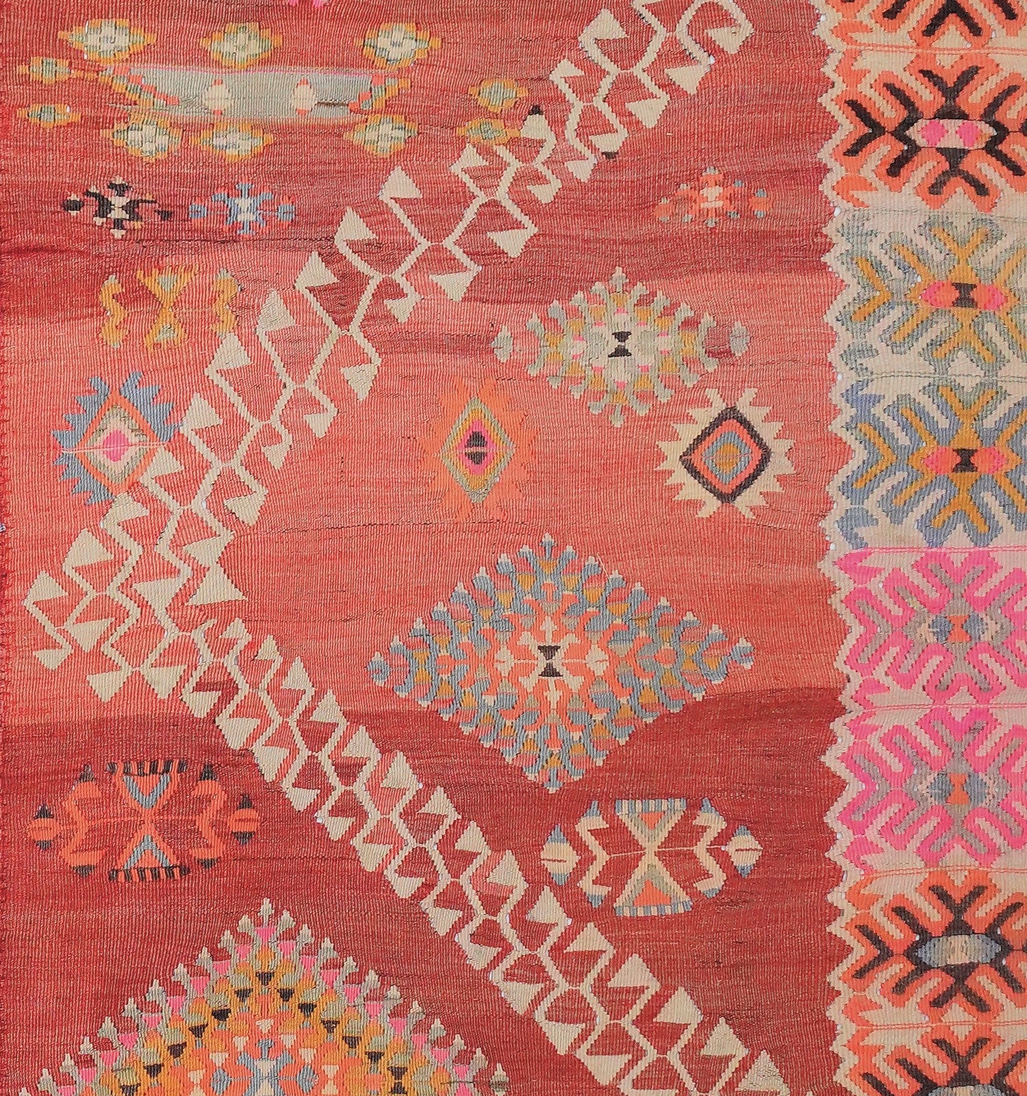 Détail du tissage – Tapis kilim ancien Adana 256×222 cm, laine naturelle tissée main