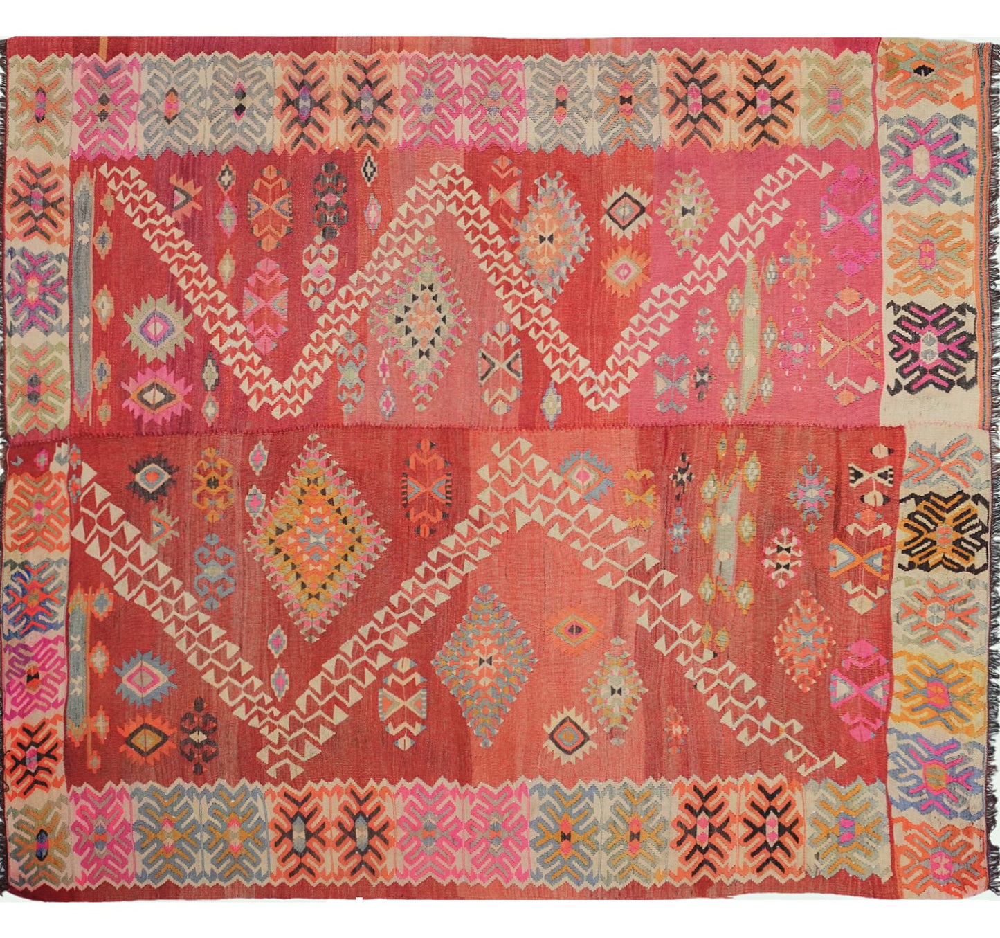Tapis kilim ancien Adana 256×222 cm, vue d'ensemble – Laine naturelle, environ 65 ans, Anatolie du Sud-Est