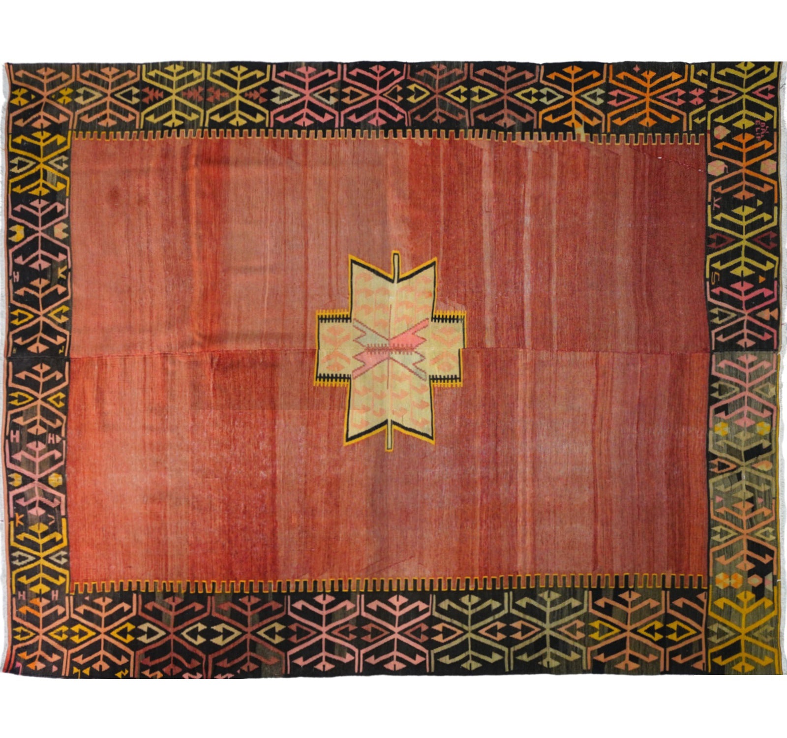 Tapis kilim ancien Adana 270×218 cm, vue d'ensemble – Laine naturelle, environ 65 ans, Anatolie du Sud-Est