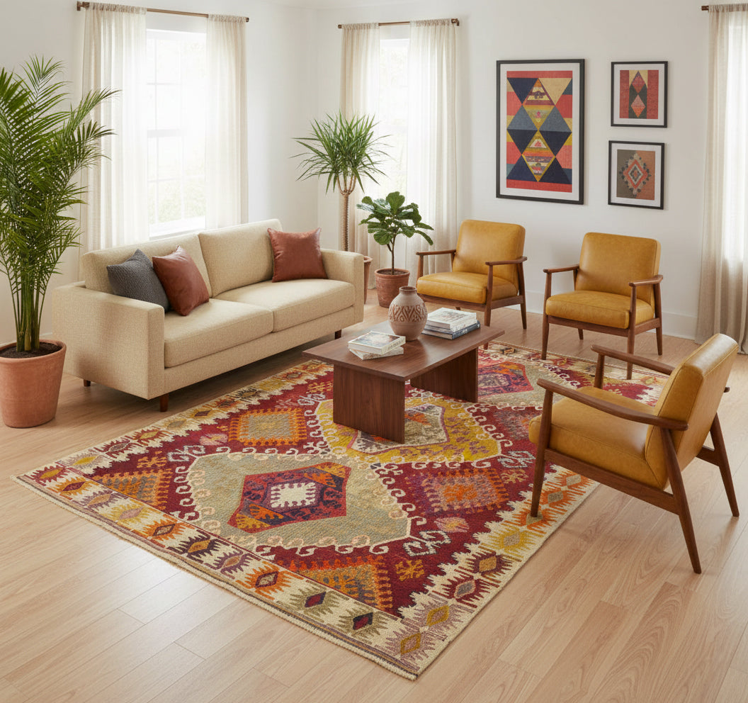 Kilim Adana 285 x 170 cm en situation dans un intérieur moderne – Décoration provenance Adana