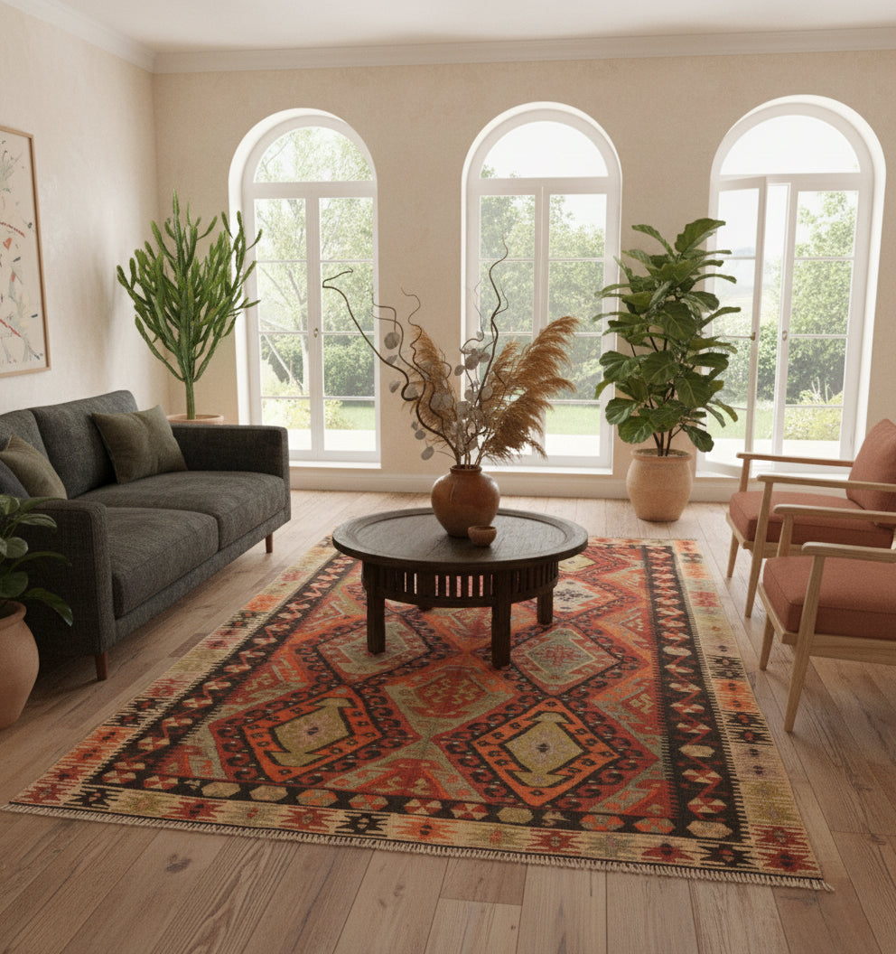 Kilim Adana 290 x 165 cm en situation dans un intérieur moderne – Décoration provenance Adana