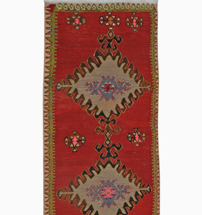 Détail du tissage – Tapis kilim ancien Adana 298×70 cm, laine naturelle tissée main