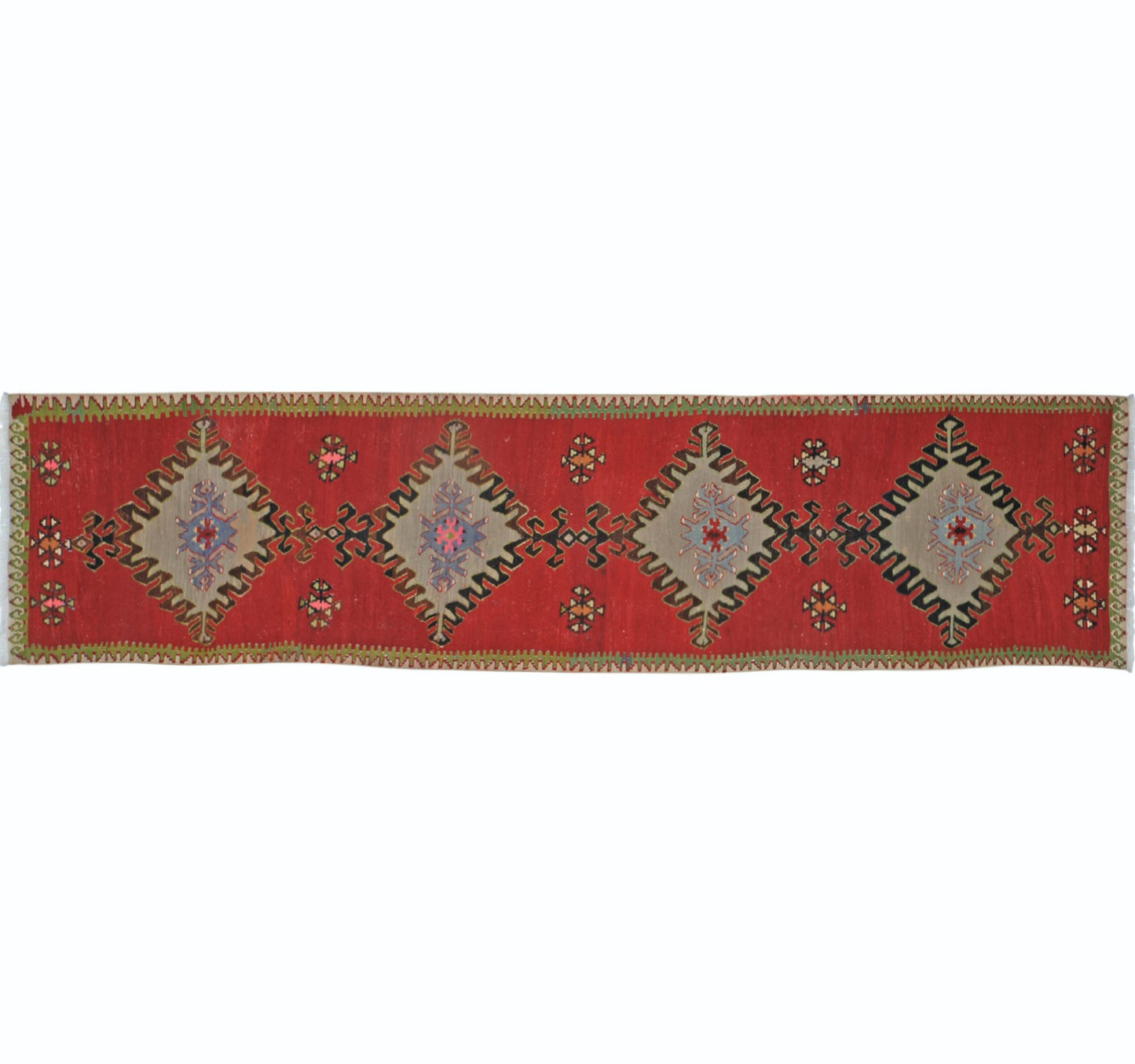 Tapis kilim ancien Adana 298×70 cm, vue d'ensemble – Laine naturelle, environ 65 ans, Anatolie du Sud-Est