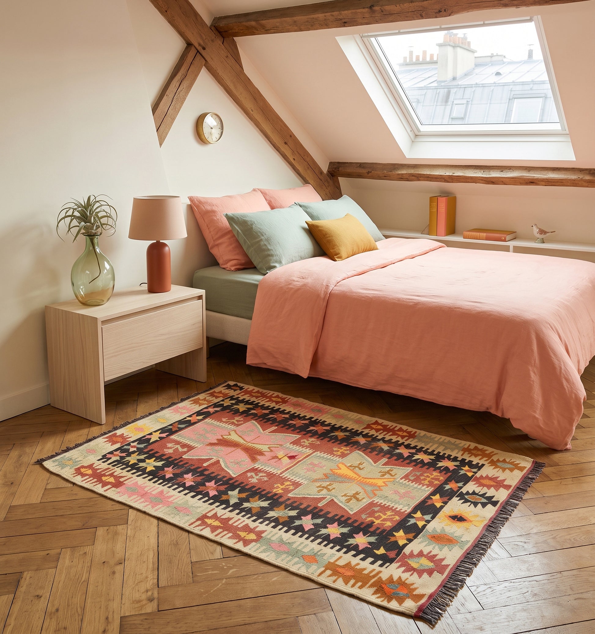 Kilim ancien d'Adana, tapis kilim tissé main en laine par des nomades d'Anatolie, motifs étoilés aux tons corail et safran, posé dans une chambre parisienne sous les toits au parquet en chevrons