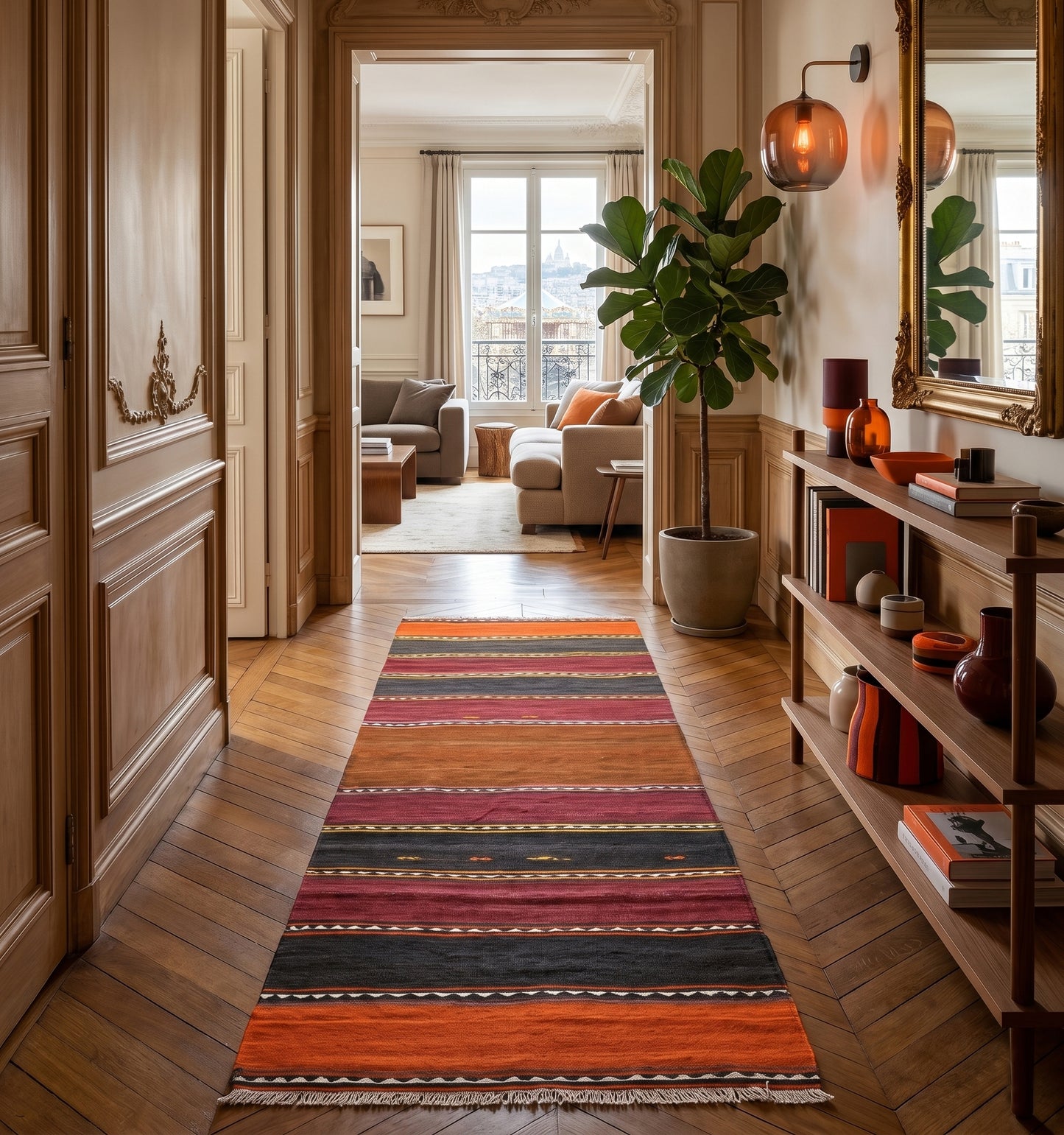 Kilim ancien d'Adana, Anatolie, à rayures orange, bordeaux et anthracite tissé main en laine naturelle, en couloir dans un appartement haussmannien à Paris.