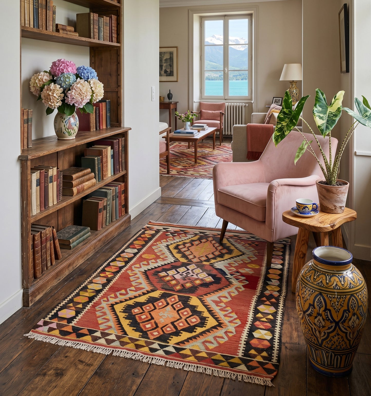 Kilim ancien d'Adana, Anatolie, motifs géométriques rouge, ocre et noir tissé main en laine naturelle, dans un salon bourgeois avec vue sur le lac à Annecy.