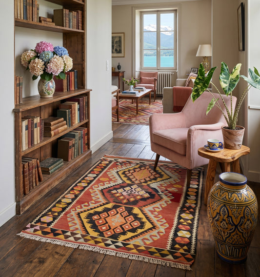 Kilim ancien d'Adana, Anatolie, motifs géométriques rouge, ocre et noir tissé main en laine naturelle, dans un salon bourgeois avec vue sur le lac à Annecy.