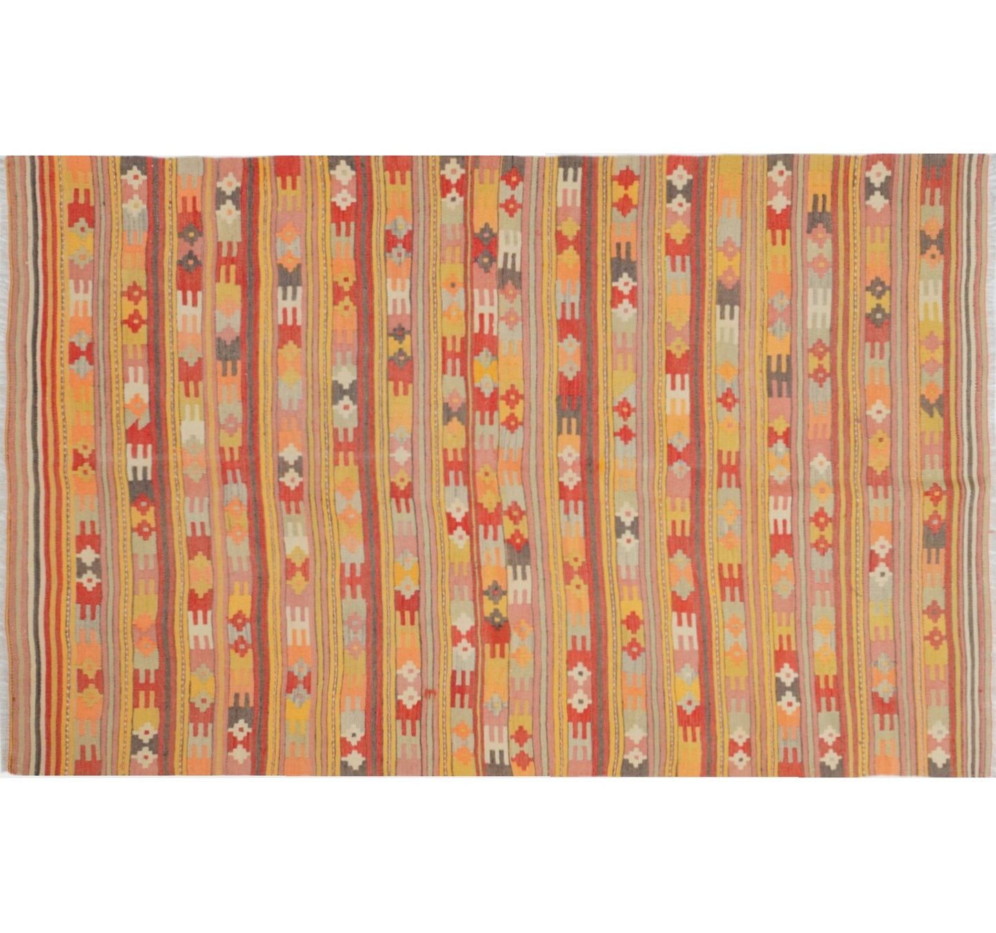 Tapis kilim ancien Afyon 217×142 cm, vue d'ensemble – Laine naturelle, environ 65 ans, Anatolie de l'Ouest