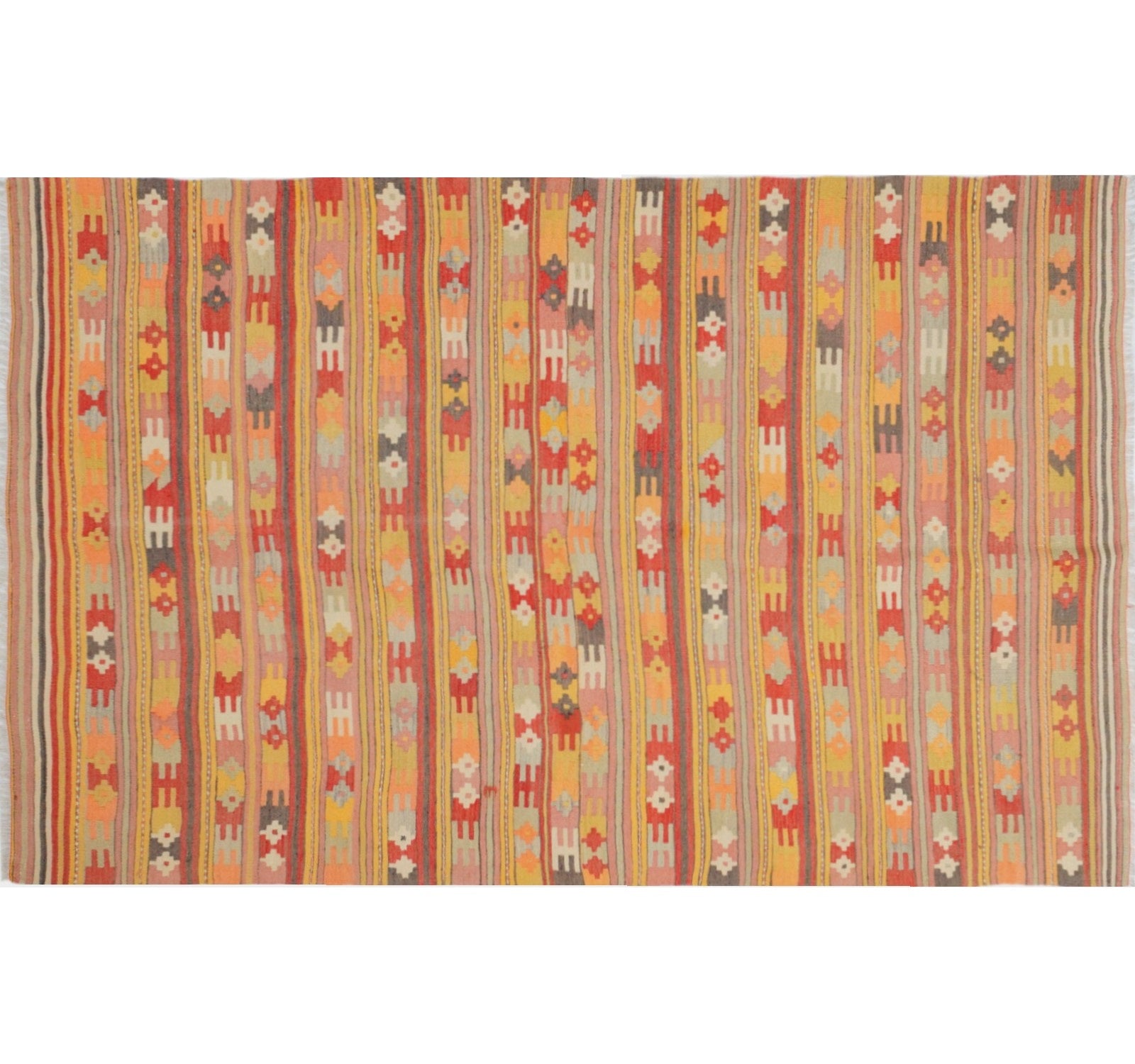 Tapis kilim ancien Afyon 217×142 cm, vue d'ensemble – Laine naturelle, environ 65 ans, Anatolie de l'Ouest