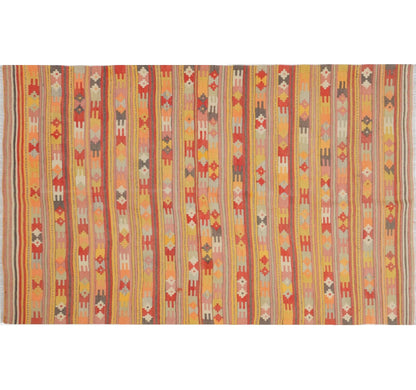 Tapis kilim ancien Afyon 217×142 cm, vue d'ensemble – Laine naturelle, environ 65 ans, Anatolie de l'Ouest