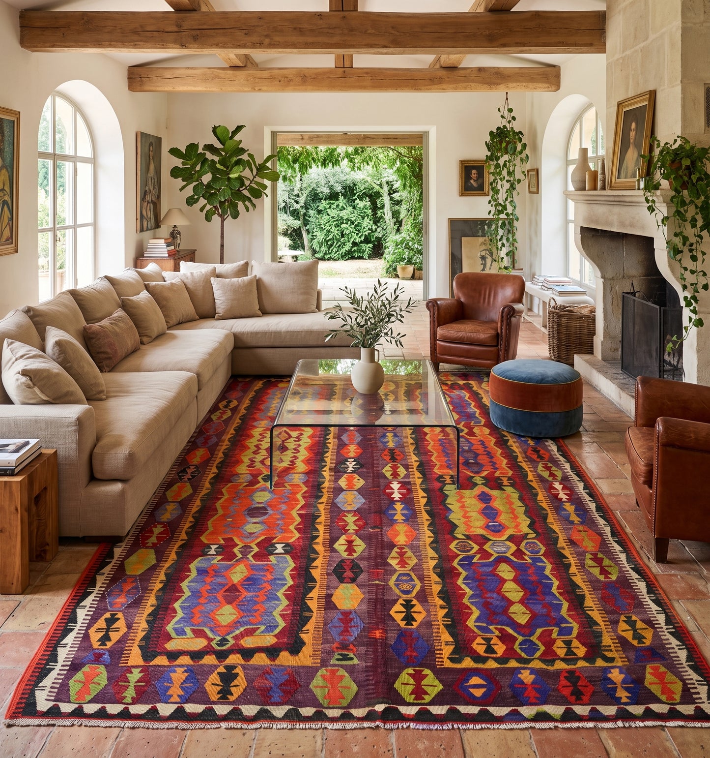 Kilim ancien d'Akviran, tapis kilim tissé main par des nomades d'Anatolie, pièce unique en laine naturelle et teintures végétales, posé dans un salon provençal aux poutres en bois, fragment d'histoire face au mobilier contemporain