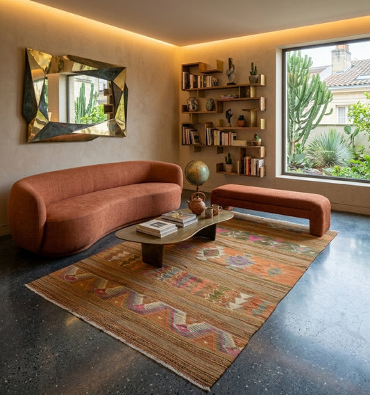 Kilim ancien aux tons pastel et terre cuite, harmonisant un salon au design organique avec canapé courbe, miroir sculptural doré et sol en béton ciré pour une ambiance chic et apaisante.