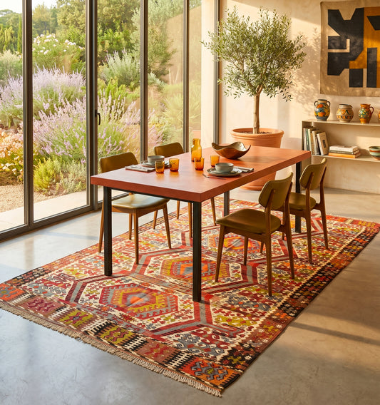 Grand tapis kilim Aydin en laine aux motifs hexagonaux traditionnels (340 x 190 cm) mis en situation dans un salle à manger du sud de la France