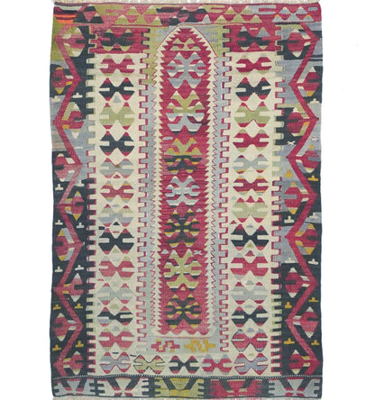 Kilim ancien Esme 130×100 cm – Tapis kilim tissé main en laine naturelle, Anatolie de l'Ouest (Égée)