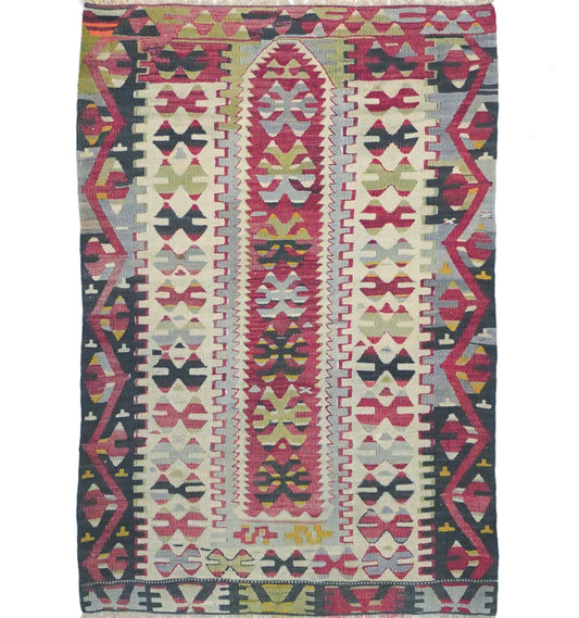 Kilim ancien Esme 130×100 cm – Tapis kilim tissé main en laine naturelle, Anatolie de l'Ouest (Égée)
