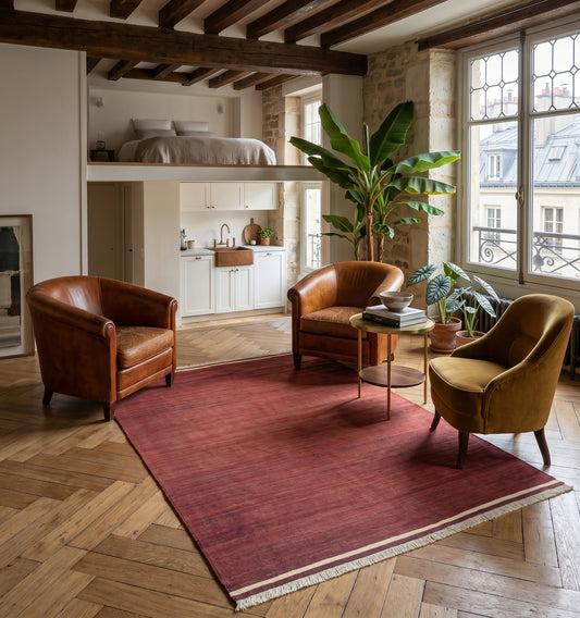 Tapis kilim ancien Manisa (190 x 138 cm) aux nuances bordeaux, structurant un salon chic avec fauteuils club et poutres apparentes à Paris. Ce tissage d'Anatolie unique apporte une touche d'artisanat d'exception au cœur d'un intérieur moderne et luxueux.