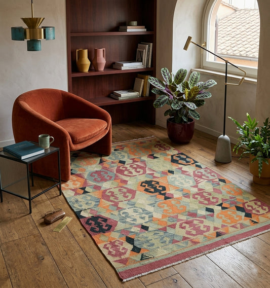 Kilim d'Anatolie aux motifs complexes turquoise et vieux rose installé à Rome, apportant une touche artisanale à un coin lecture sophistiqué avec fauteuil en velours terracotta, bibliothèque en bois sombre et parquet massif.