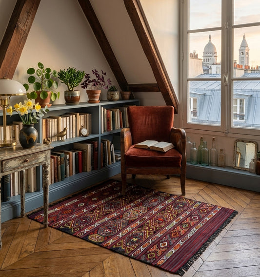 Petit tapis kilim ancien aux motifs géométriques rouges et orangés, disposé dans un coin lecture mansardé à Paris. La scène comprend un fauteuil en velours rouille, une bibliothèque basse remplie de livres, des plantes vertes et une vue iconique sur le Sacré-Cœur et les toits de Paris par la fenêtre.