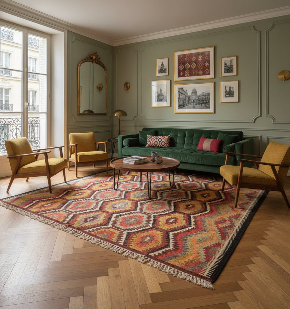 Kilim Antalya 232 x 220 cm en situation dans un intérieur moderne – Décoration provenance Antalya