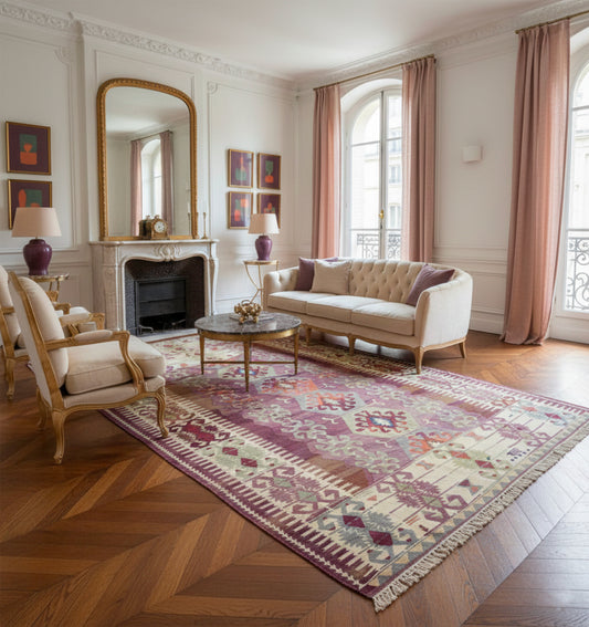 Kilim Antalya 295 x 185 cm en situation dans un intérieur moderne – Décoration provenance Antalya