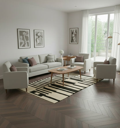 Kilim Art Deco 202 x 158 cm en situation dans un intérieur moderne – Décoration provenance Nord Ouest-Afghanistan