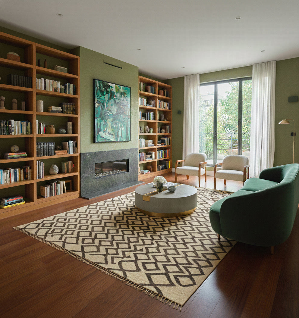 Kilim Art Deco 241 x 175 cm en situation dans un intérieur moderne – Décoration provenance Nord Ouest-Afghanistan