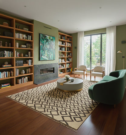 Kilim Art Deco 241 x 175 cm en situation dans un intérieur moderne – Décoration provenance Nord Ouest-Afghanistan